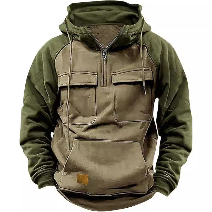 Men's Retro Cargo Hoodie - Half Zip Fleece Sweatshirt with Pockets
